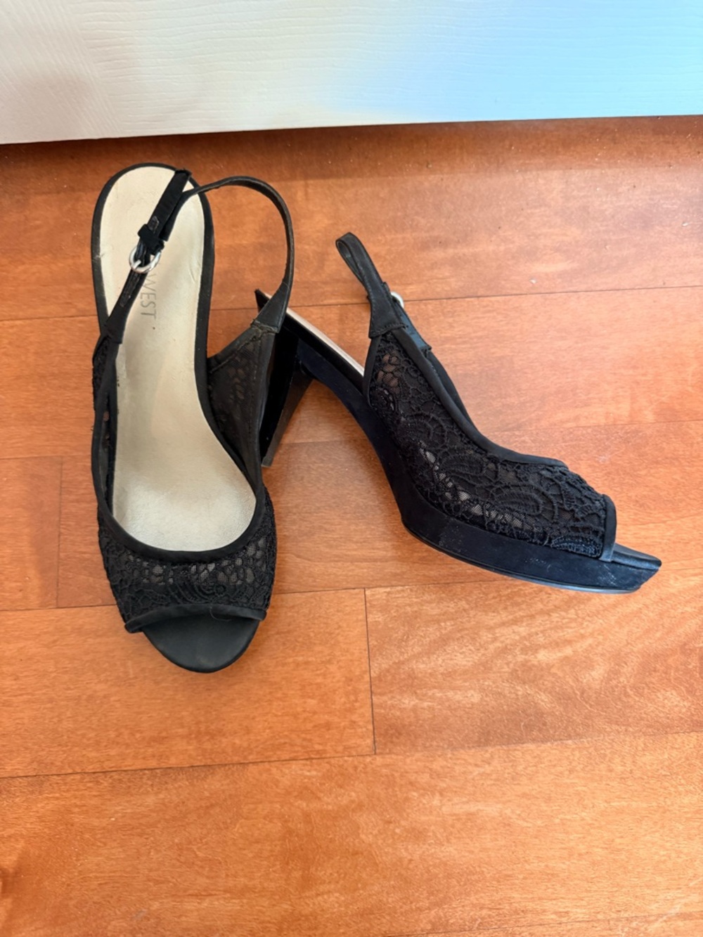 Nine West Black Lace Slingback Peep Toe Heels